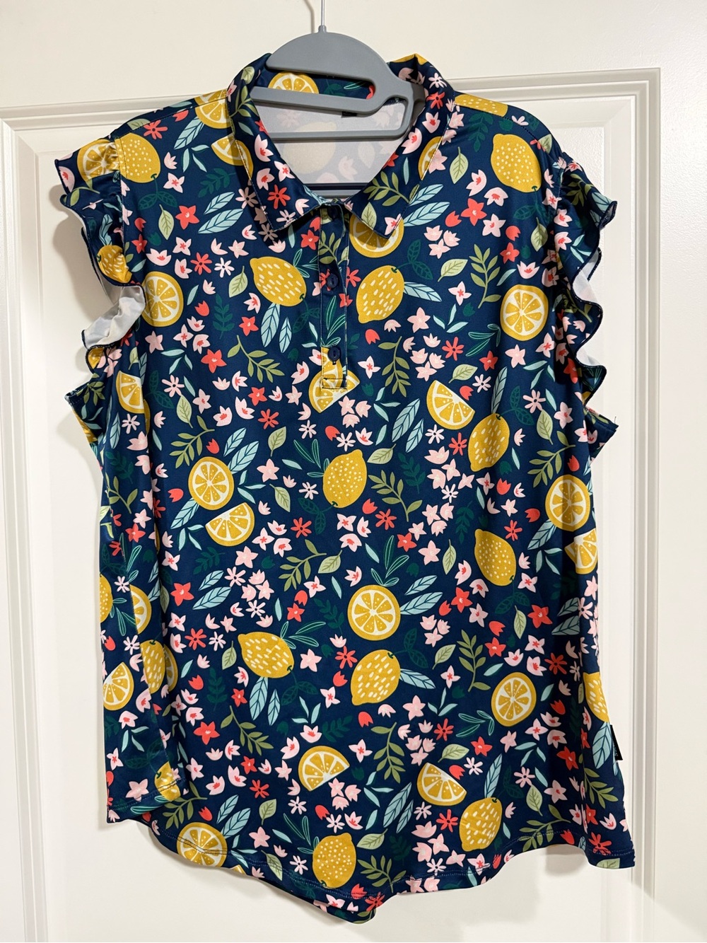 Women’s Navy Lemon Print Ruffle Sleeve Polo
